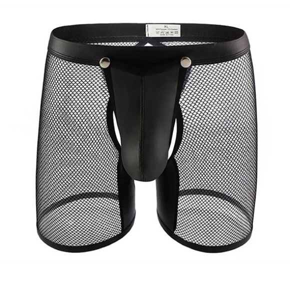 Men Mesh Transparent PU Leather Button Open Crotch Boxer Shorts Open Butt - Picture 2 of 2